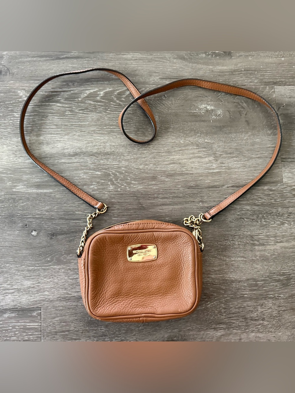 Michael Kors Brown Pebbled Leather Crossbody with Gold Plaque